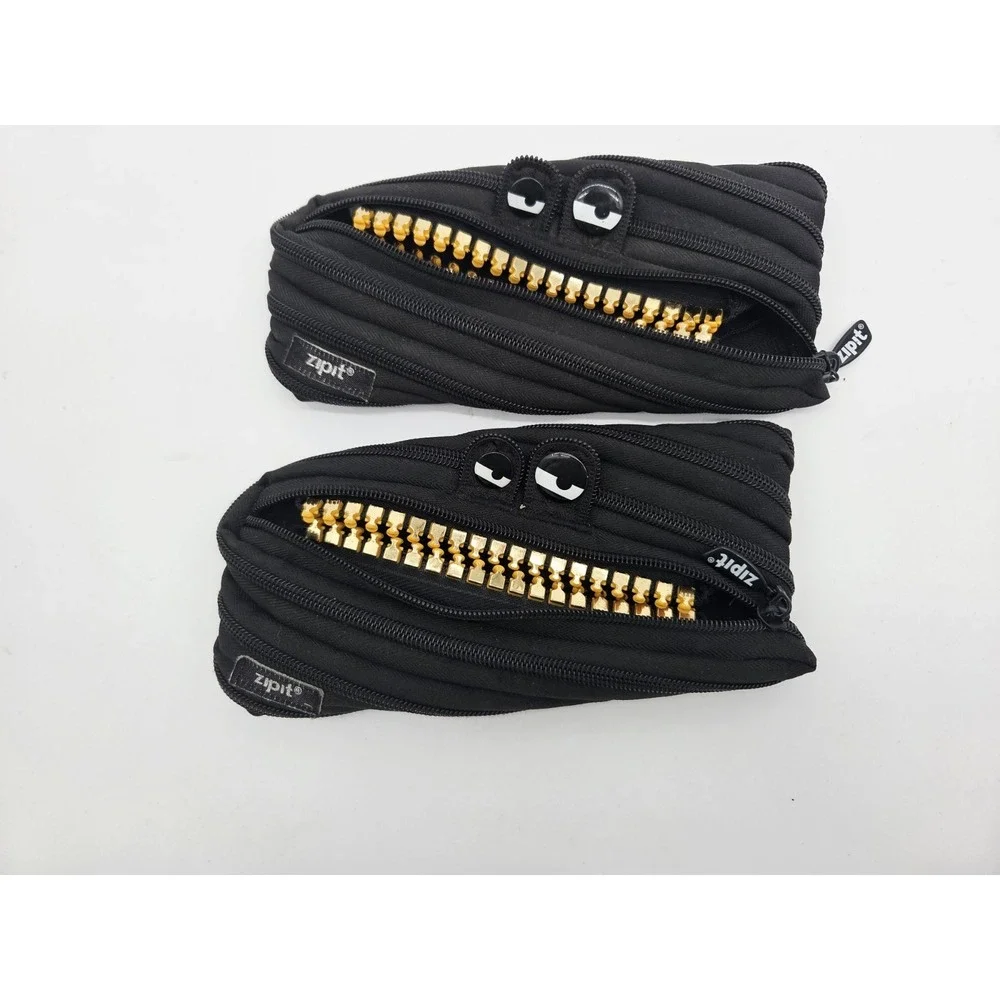 Lot of 2 ZIPIT Grillz Pencil Case 2 black Gold Teeth Bag Zipper Monster eyes